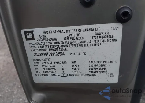 2002 Chevrolet Silverado 1500 Lt from USA, damaged, VIN 2GCEK19T521183504